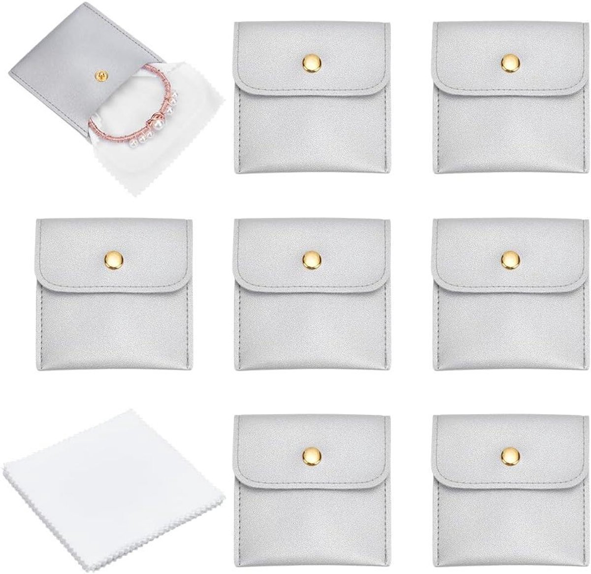 12 stuks kleine sieraden zakjes van PU leer, set van 12 reinigingsdoekjes - Grijs - Opbergtas voor ringen, kettingen en armbanden