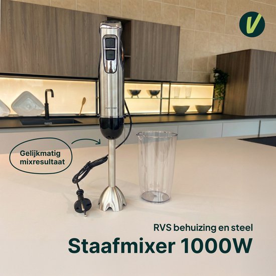 Staafmixer met Maatbeker - 1000W - RVS - 12 Snelheden + Turbofunctie - Handblender - Vaatwasserbestendig - BPA-vrij - Vivid Green