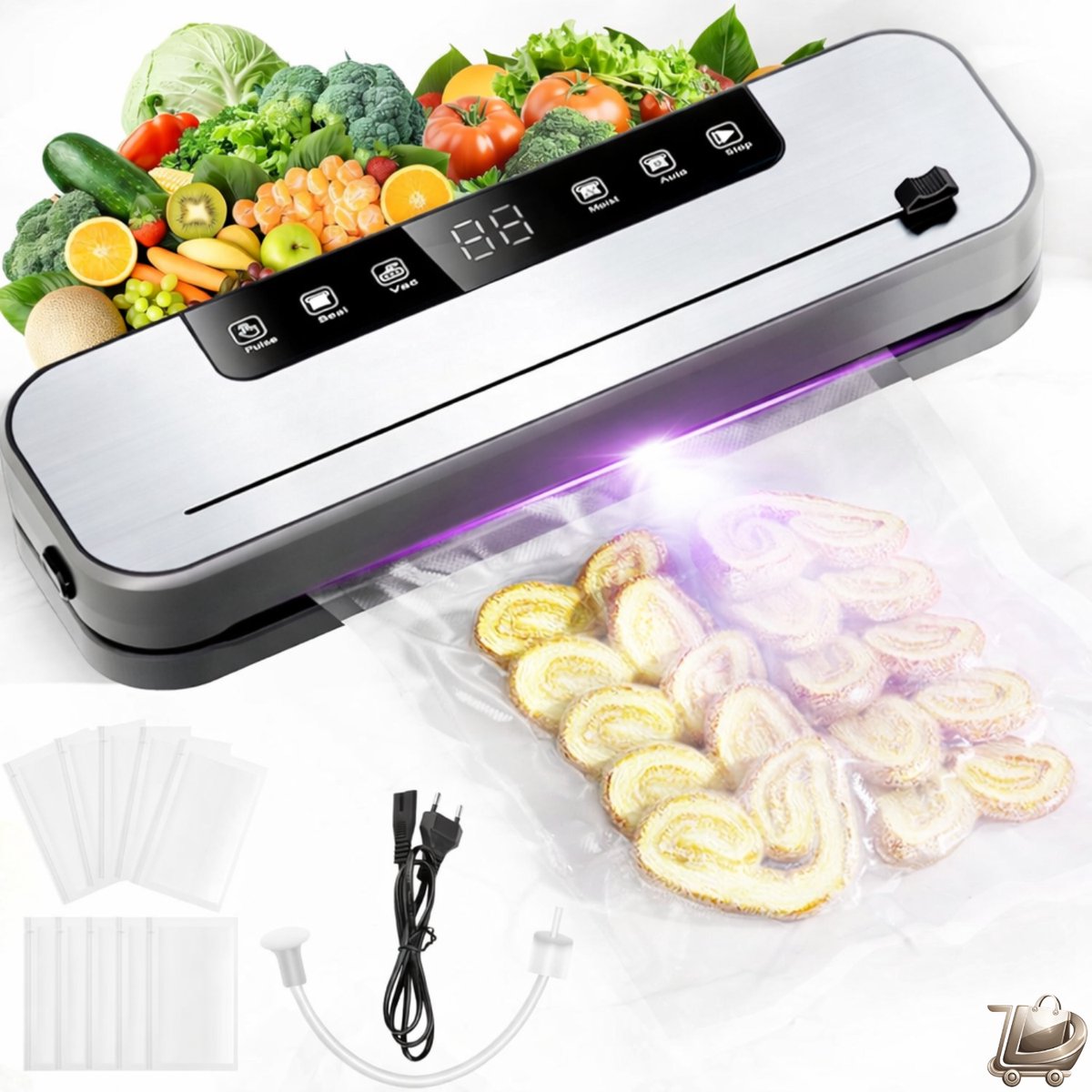 6-in-1 Vacumeermachine - Professionele Voedsel Vacumeerder - Inclusief 50 Vacumeerzakken - Vacumeercontainer met Slang - 75KPa Volautomatisch Sealen - Snijfunctie - Digitaal Weergave- Voedselbewaring - Keukenapparaat