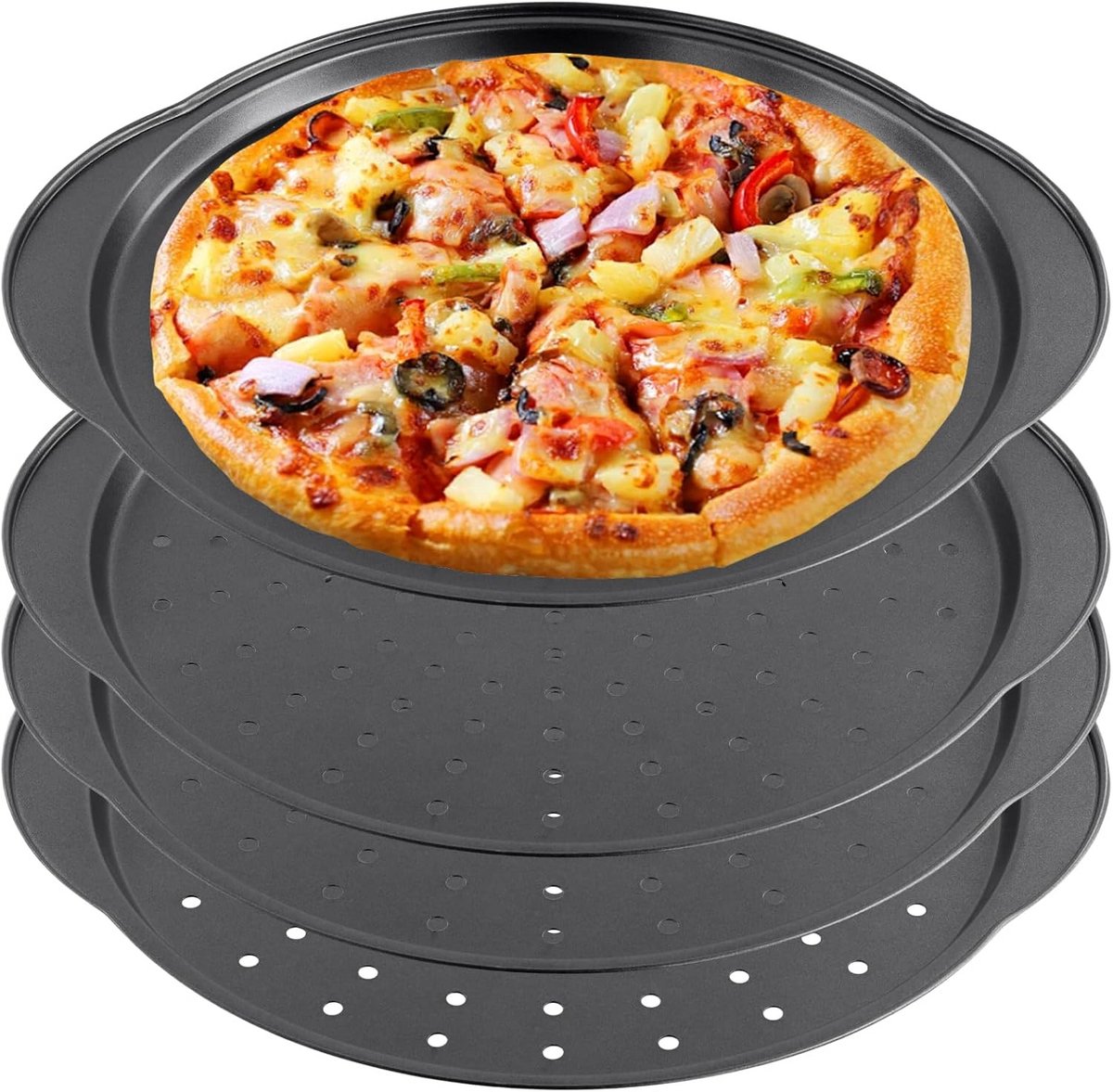 Geperforeerde Pizzaplaat 32 cm Rond - Koolstofstaal Pizzavorm met Handvat - 4 stuks