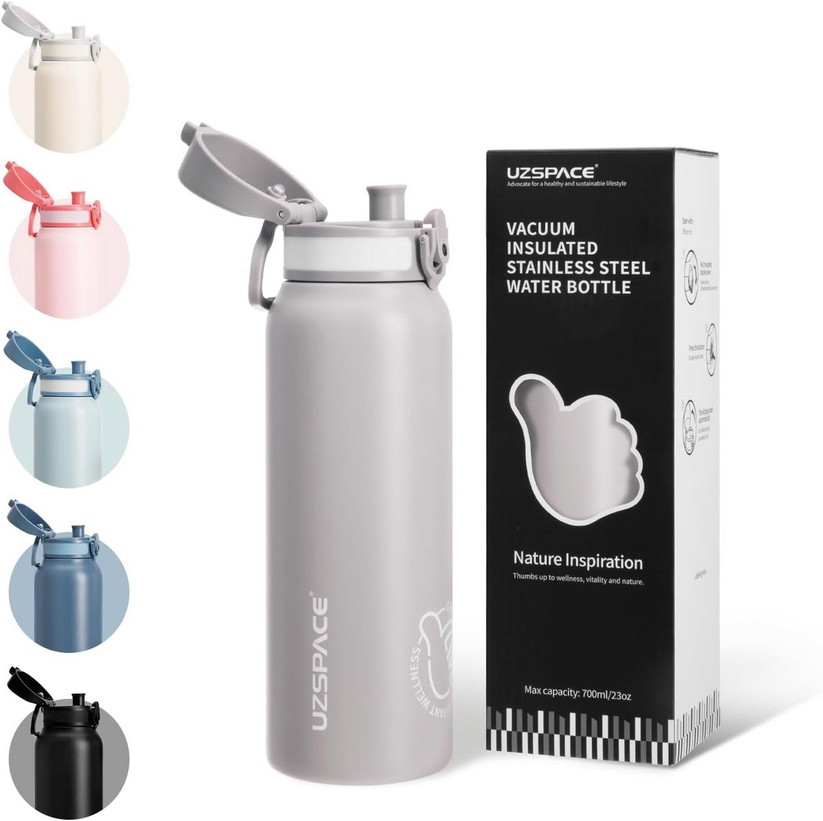 Dubbelwandige thermosfles 700 ml, roestvrij staal, klapdeksel, lekvrij