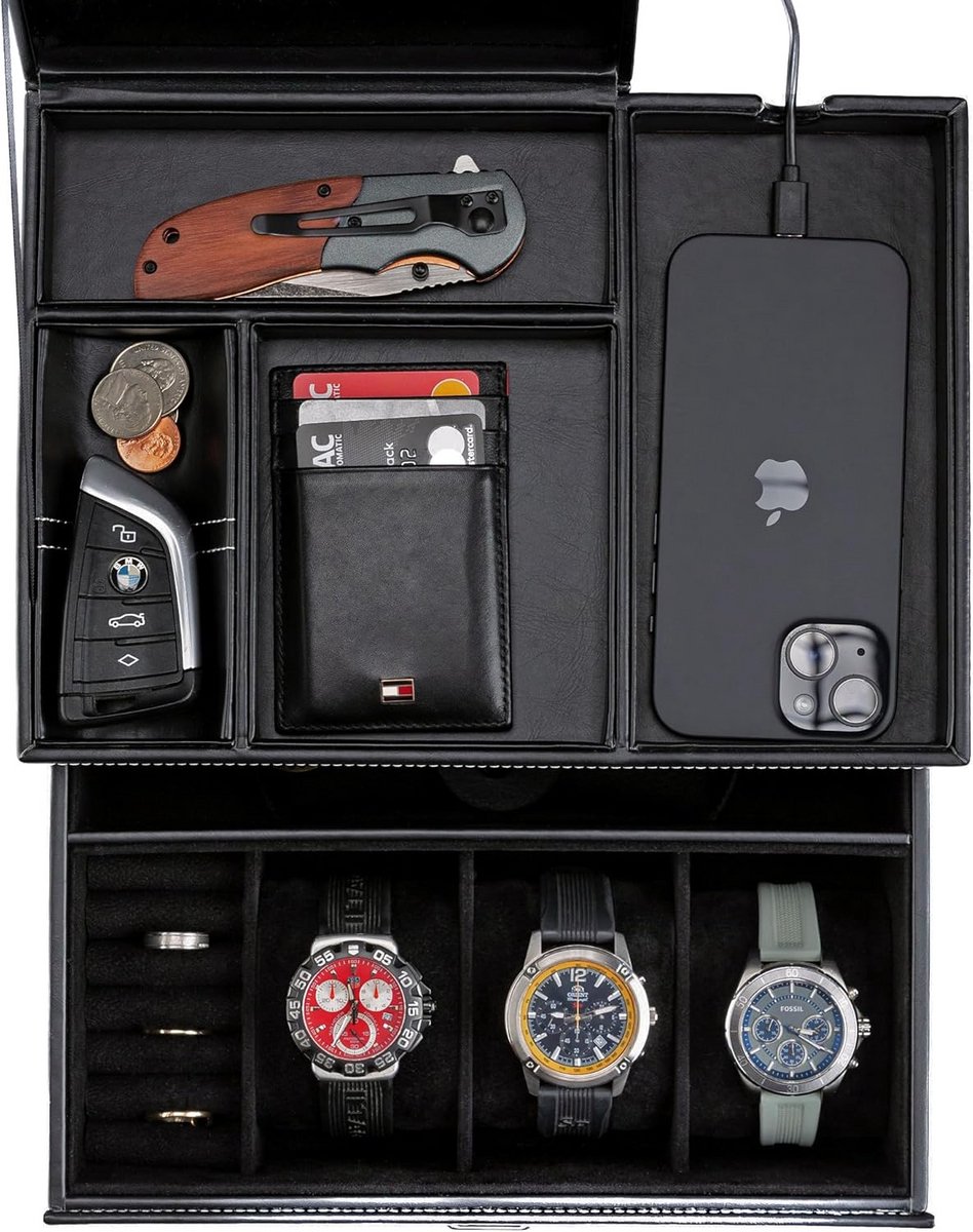 Sieradendoosje heren organizer dressoir valet tray - ruim nachtkastje station voor horloges en ringen met meerdere compartimenten - stijlvol herendressoir top organizer