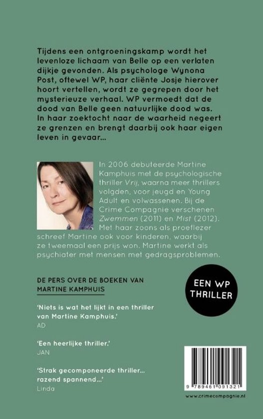 Achterkant boek 'Alibi'. Bevat synopsis, biografie van Martine Kamphuis met foto, citaten uit de pers en de tekst 'Een WP Thriller'.