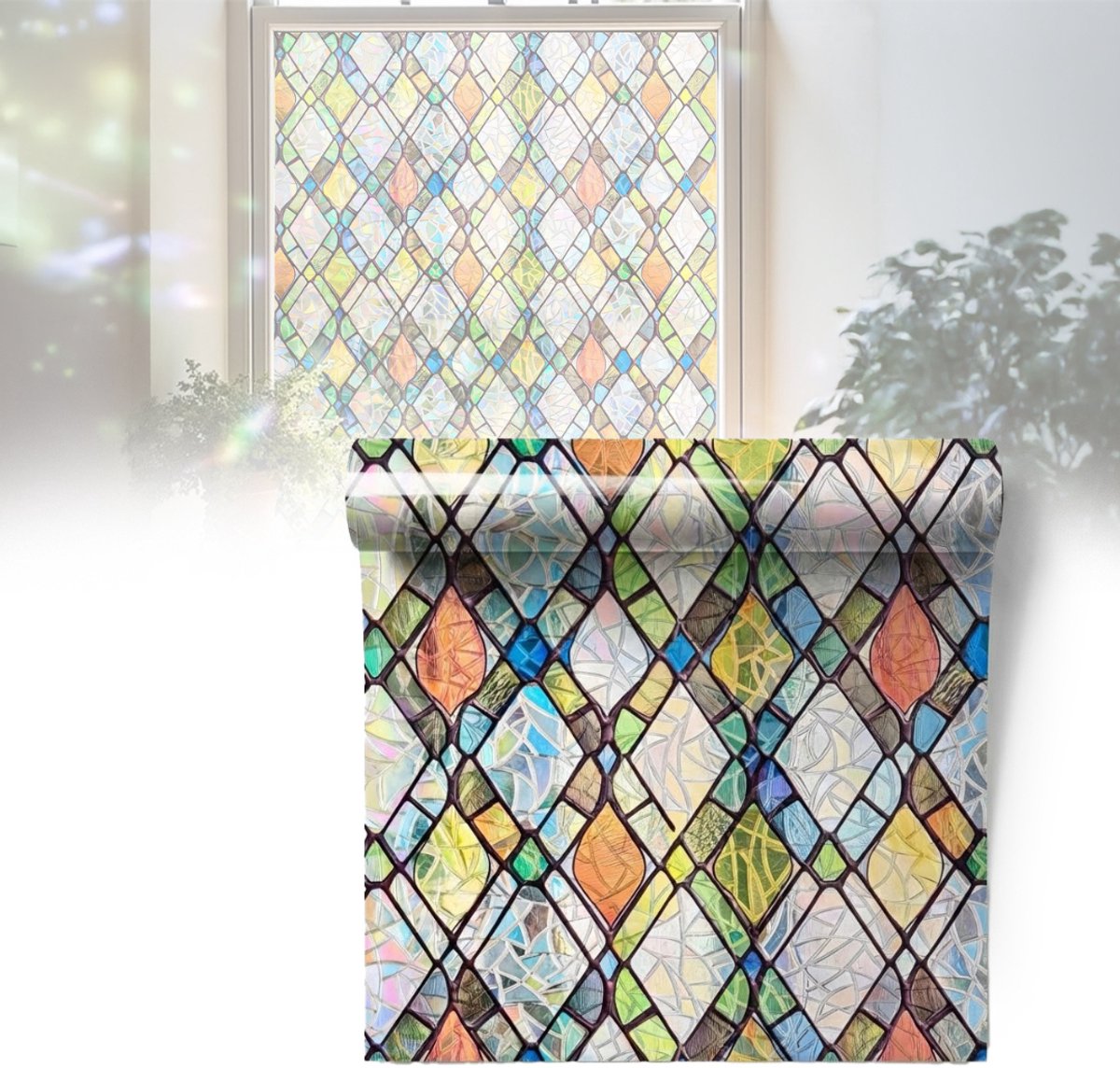 NBAP® Raamfolie Glas in Lood - Zelfklevend - Antieke Look - Regenboogkristal