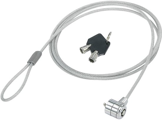 Câble antivol argenté pour ordinateur portable avec fente pour clé, deux clés et un verrou argenté.