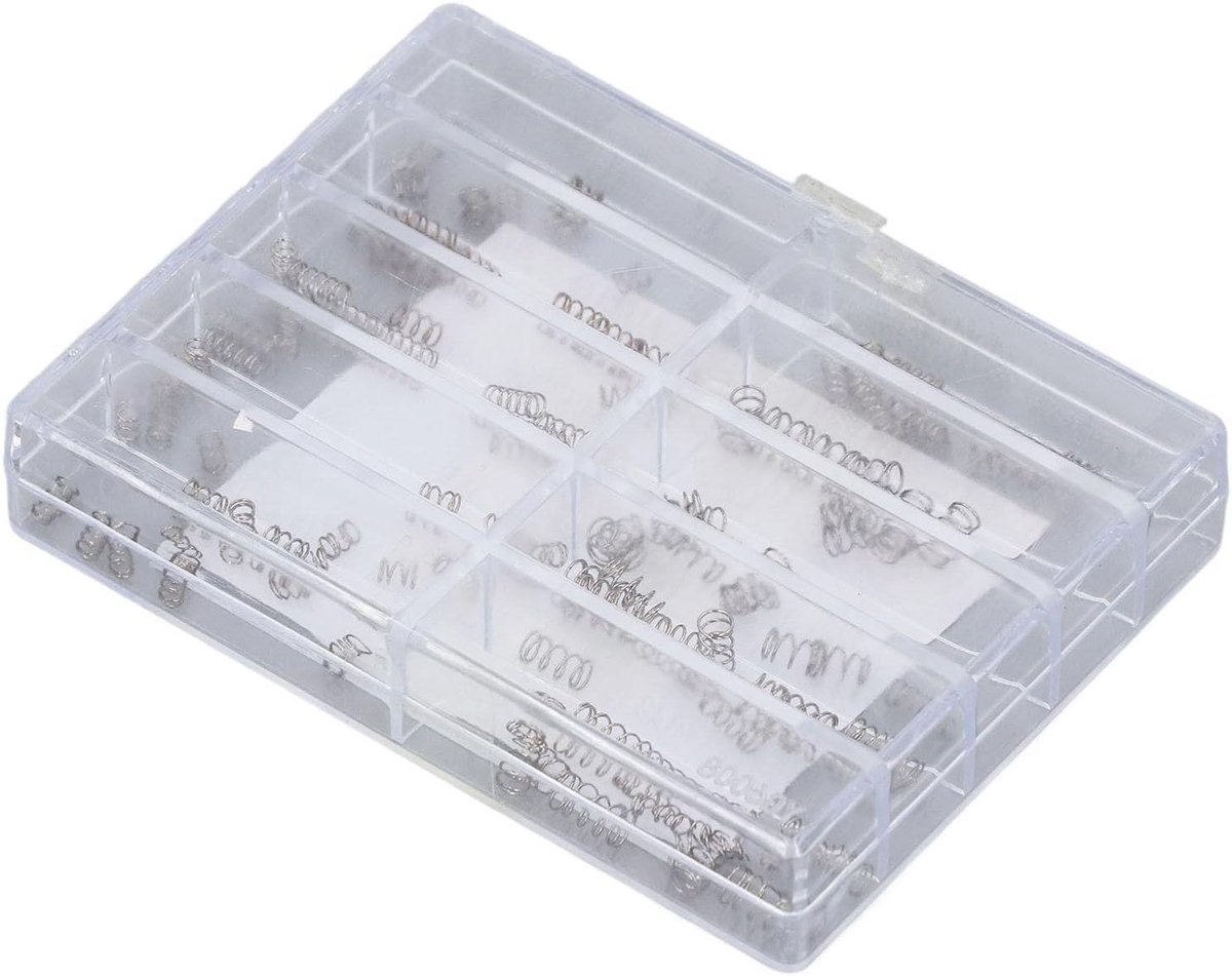 Allecto- Compressiebronnen Assortment Kit - roestvrij staal - mini - 100 stuks - 10 maten - opslagcase - horloge - reparatie - doe-het-zelfprojecten - duurzaam - hoge kwaliteit - geschikt voor - verschillende projecten - zilver.