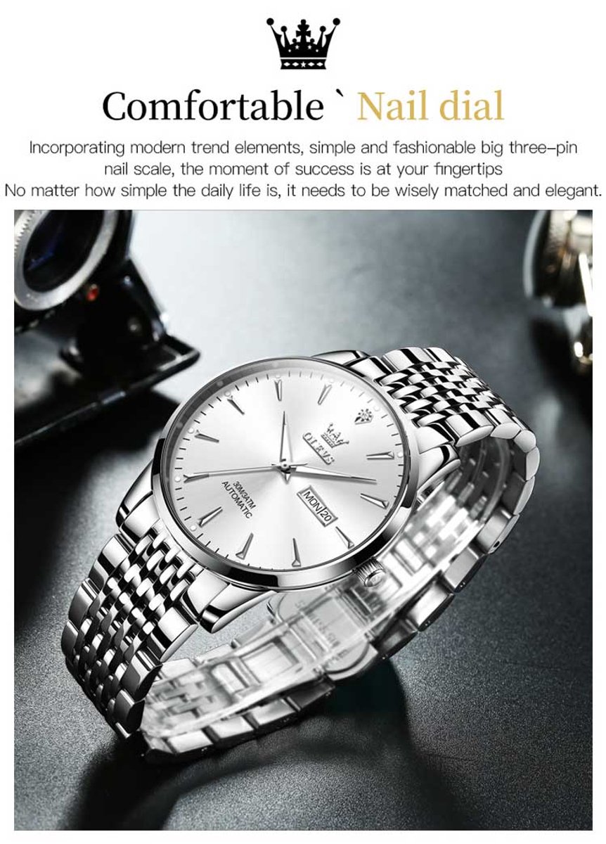 HO-6635.z : Olevs zilverkleurig tourbillon-mechanisch edelstaal heren horloge, 30ATM-3BAR, luminiscerend, dagnaam, kalenderdag