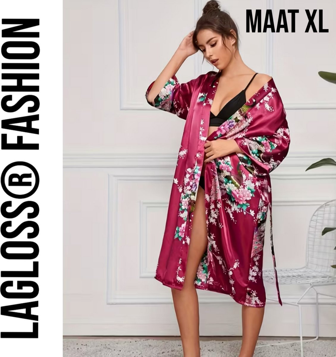 LaGloss® Lange Damesbadjas Karmozijnrood met Bloemen- en Pauwenprint – Ochtendjas – Nachtkleding – Maat XL