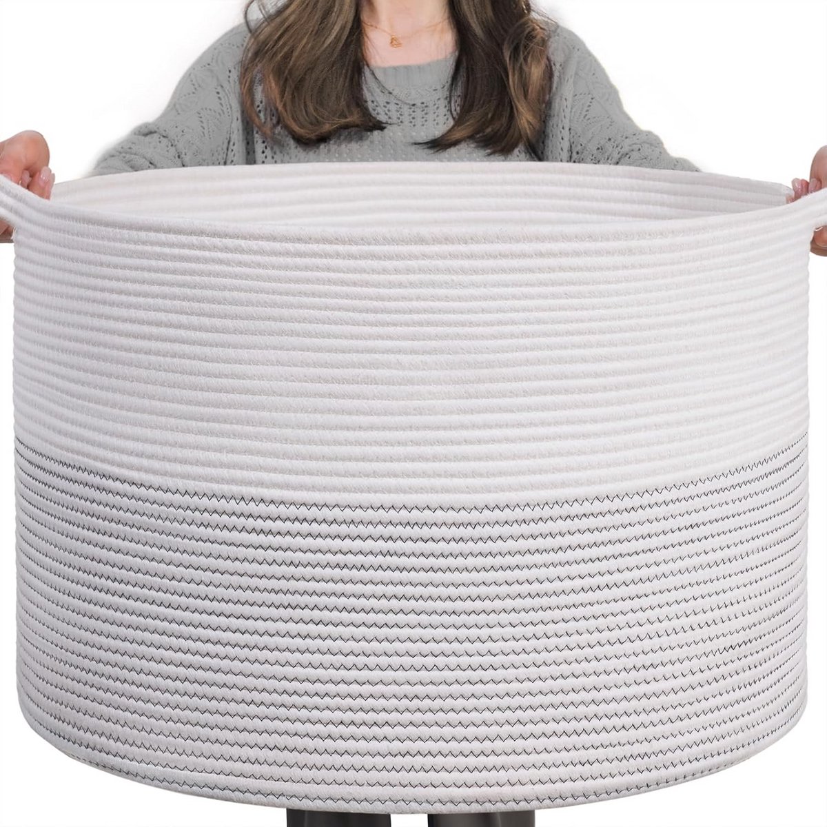 XXL Katoenen Opbergmand met Handvat - Grote Wasmand voor Speelgoed en Textiel (55x35 cm, Wit)