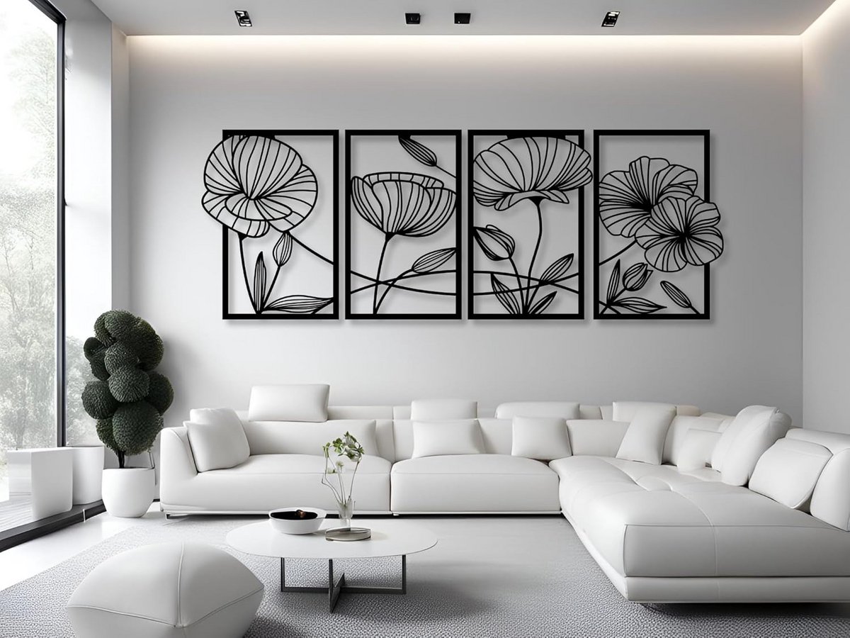 Set van 4 Houten Bloemen Wanddecoratie - 3D Muurkunst voor Woonkamer en Slaapkamer