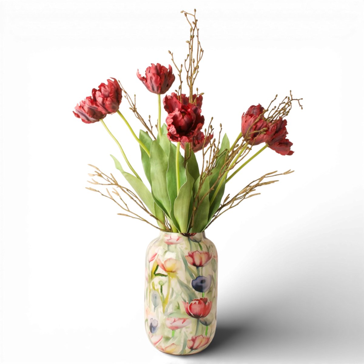 WinQ-Boeket dubbele Rode Tulpen 9st-Incl. Vaas-70cm hoog.