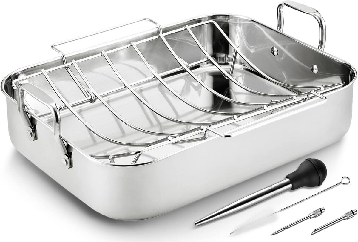 Grote RVS Braadpan met Bakrek voor Kalkoen, Kip en Ham - Oven en Grill Geschikt