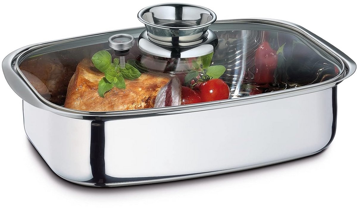Aroma Braadpan/Stoompan met Knop in Deksel, RVS, Geschikt voor Alle Kookplaten, Inclusief Inductie