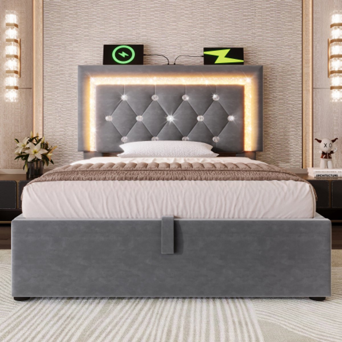 Merax Eenpersoonsbed 90x200 cm - met LED-verlichting - USB- en Type-C-oplaadpoorten - met opbergruimte - grijs - zonder matras