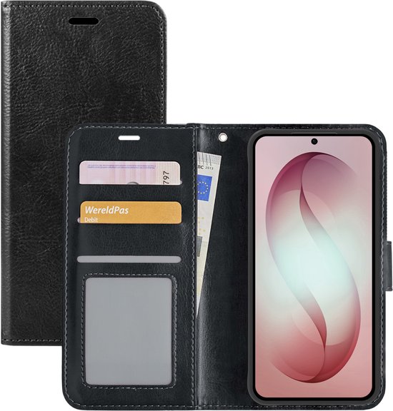 Étui portefeuille noir en similicuir avec porte-cartes, convient au Samsung Galaxy S26.