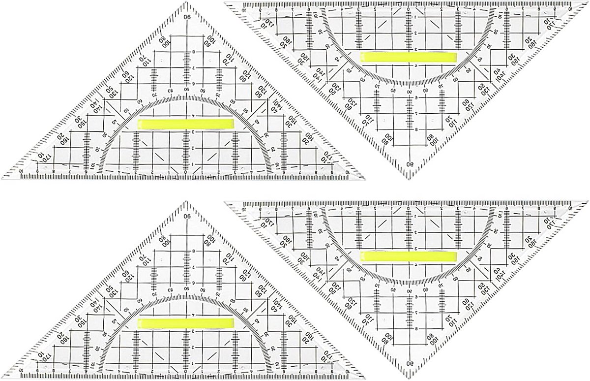 Driehoekige Geometrische Grademessen - 4 stuks - Kunststof - Transparant - 20 cm - met Handvat - voor School, Universiteit, Kantoor en Studenten - Multifunctionele Geodriehoek voor Ontwerpers