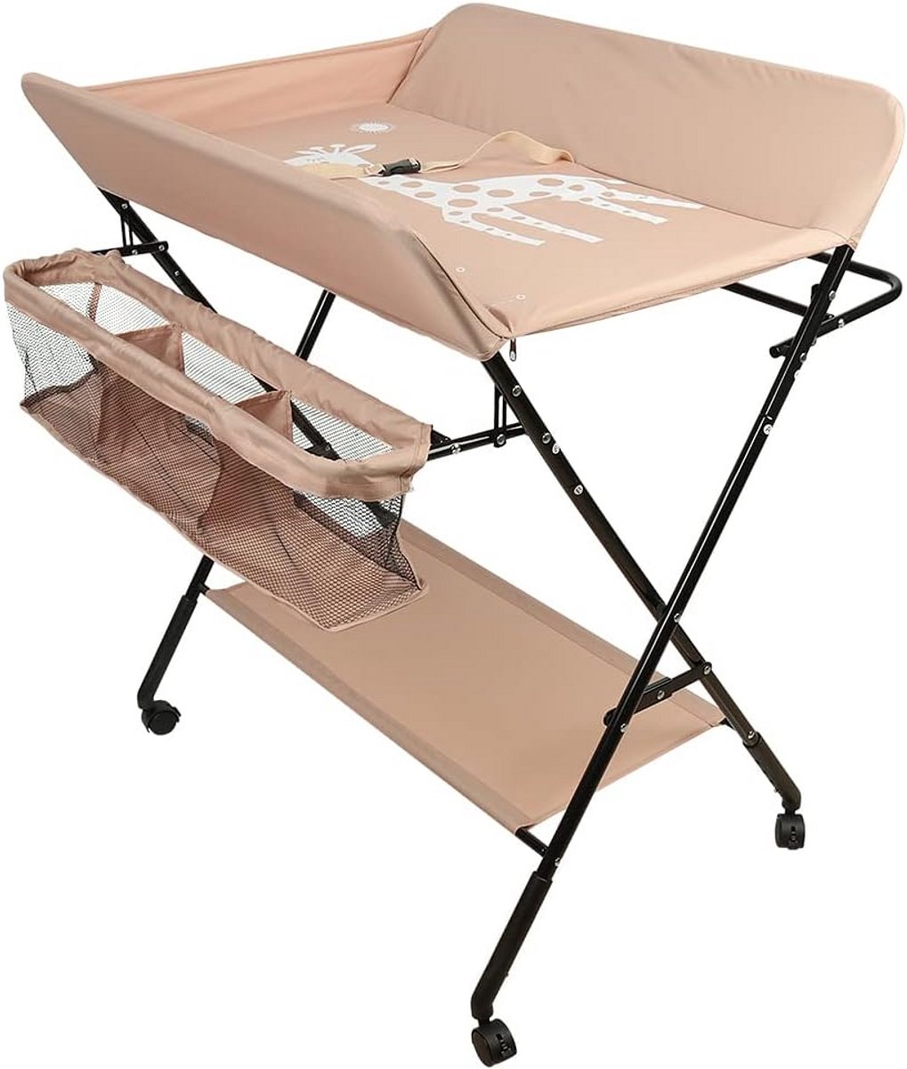 Inklapbare luiertafel met opbergmand, 3 hoogte-instellingen, inclusief veiligheidsgordel, roze