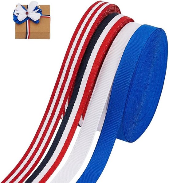 Allecta - Grosgrain lint - Decoratief - Gestreept - Patriottisch - Polyester - Amerikaanse vlag - Lint - Blauw wit rood - Zwarte - Knutsellint - Geschenkverpakking - Kerstmis - Memorial Day - 36 meter - 4 rollen.