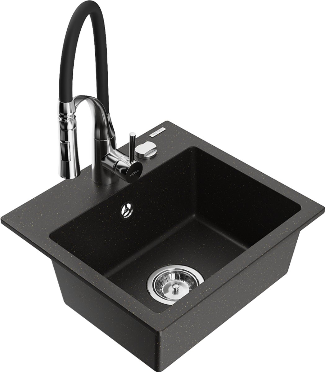 Mexen Milo granieten spoelbak 1-kompartyments met keukenkraan Aster, zwart/gouden metallic