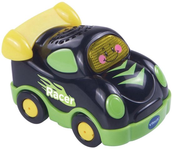 Zwarte speelgoedauto met groene accenten, gele spoiler en "Racer" tekst. Het heeft een vrolijk gezichtje.