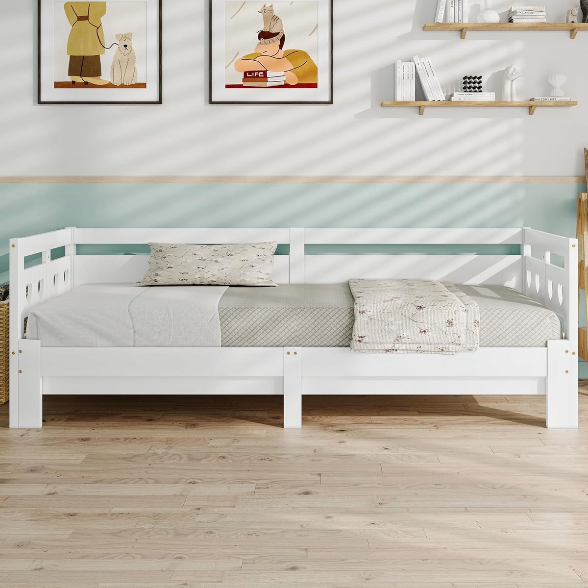 Uitschuifbaar Daybed van Massief Grenenhout met Hartvormige Rugleuning - 90x200 cm Wit