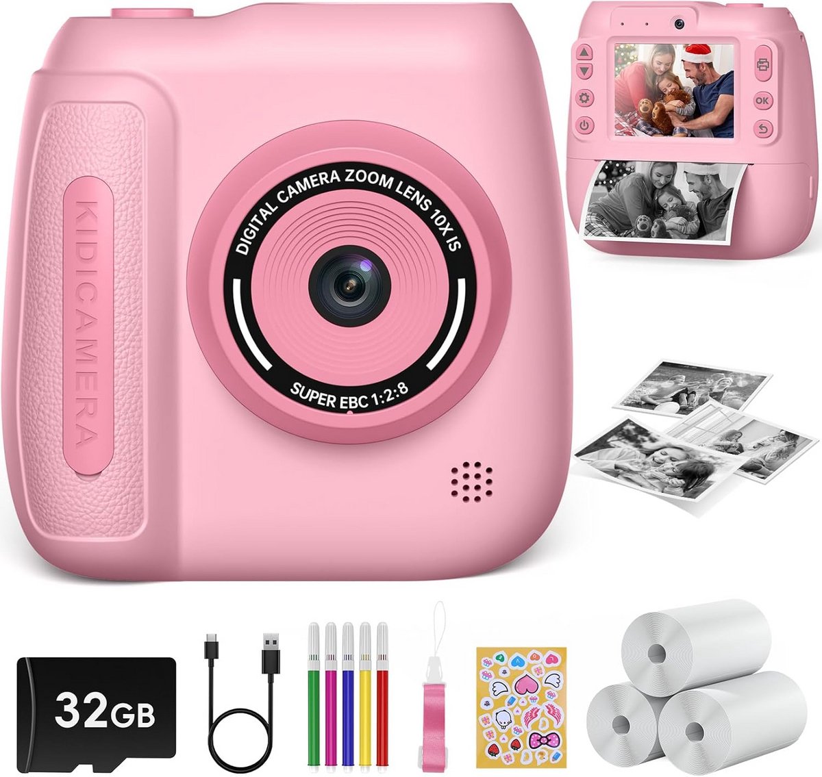 Instant Kinder Camera met Printpapier en Kleurpotloden - Roze Cadeau