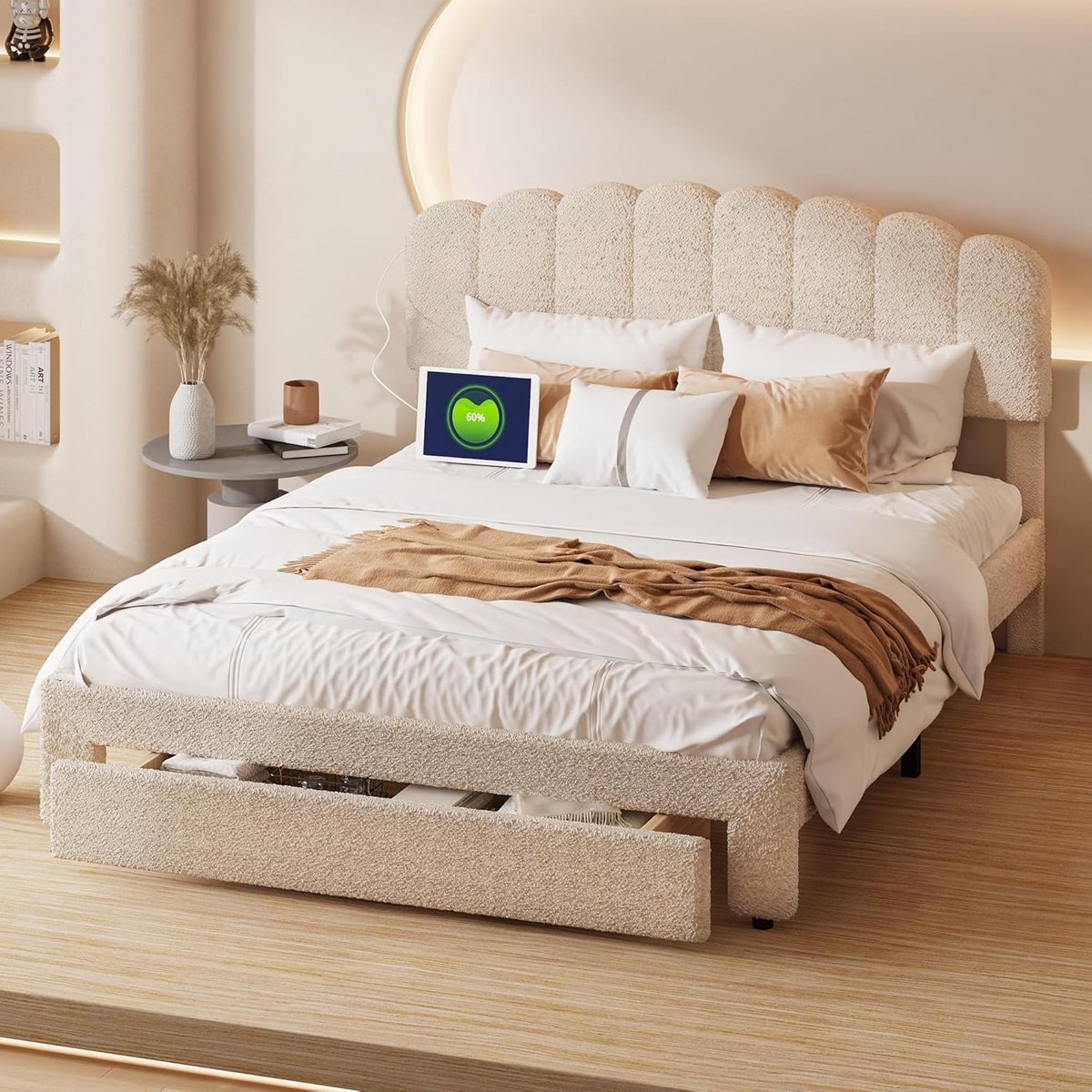 Gestoffeerd Tweepersoonsbed 140x200 cm met Lade en Verstelbaar Hoofdeinde - Beige