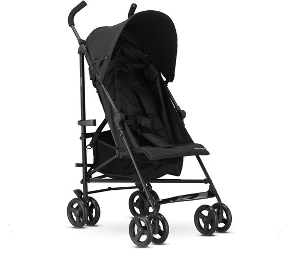 Zwarte buggy met kap, zitting, mand, 5-puntsgordel en wielen.