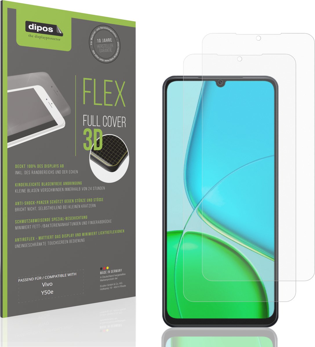 dipos FLEX – 2x Matte Screenprotector geschikt voor Vivo Y50e | Volledige Schermbescherming | Case-Friendly