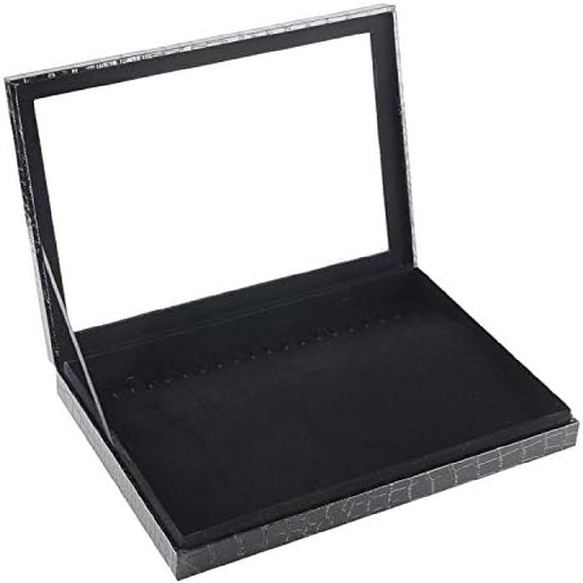 Zwarte juwelendoos met glazen deksel, fluwelig interieur, voor ringen oorbellen en kettingen