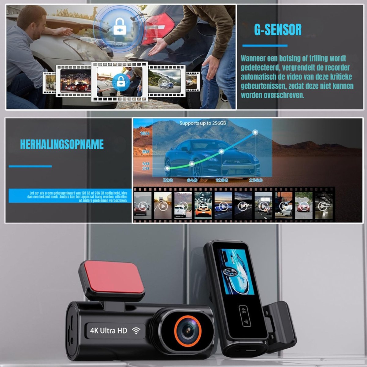 Quvo® Dual Dashcam - Dashcam Voor Auto 1080p - Voor en Achter Camera – Auto Camera - G-Sensor - App Bediening – Parkeermodus - Zwart - 10cm x 4cm x 4cm – foto 6