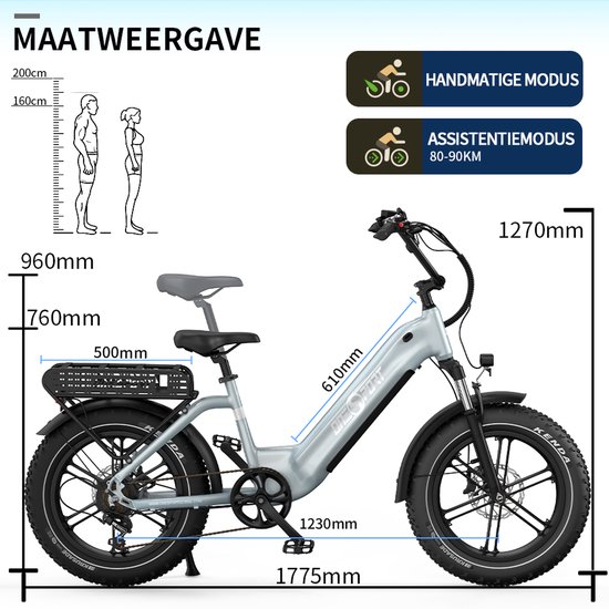 OneSport - Elektrische Fiets met 864Wh Uitneembare Accu - Max.100 km Bereik - 20×4 Inch Banden - Shimano 7 Versnellingen & Hydraulische Schijfremmen - Aluminium Frame - Grijsblauw van ONESPORT — afbeelding 4