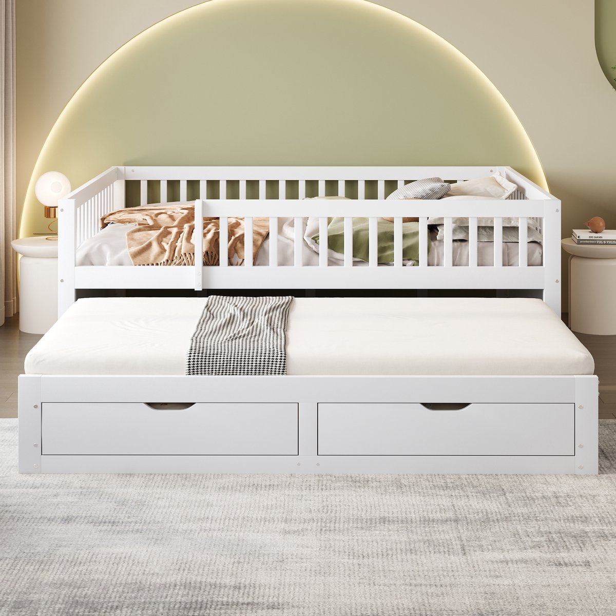 REDOM Slaapbank - Met Uitschuifbed Op Wielen - Rondom Veiligheidshek - Met 2 Lades - Met Lattenbodem - Hout - Wit - 140 X 200 Cm