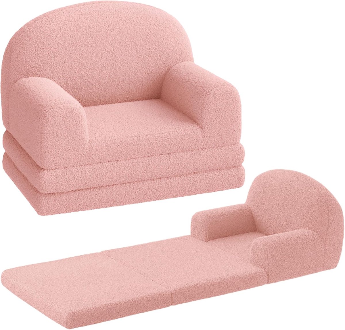 2-in-1 kinderverelbank - opvouwbare kinderfauteuil & ligstoel van schuim, zachte sherpa stof, licht & veilig voor kinderkamer - Roze