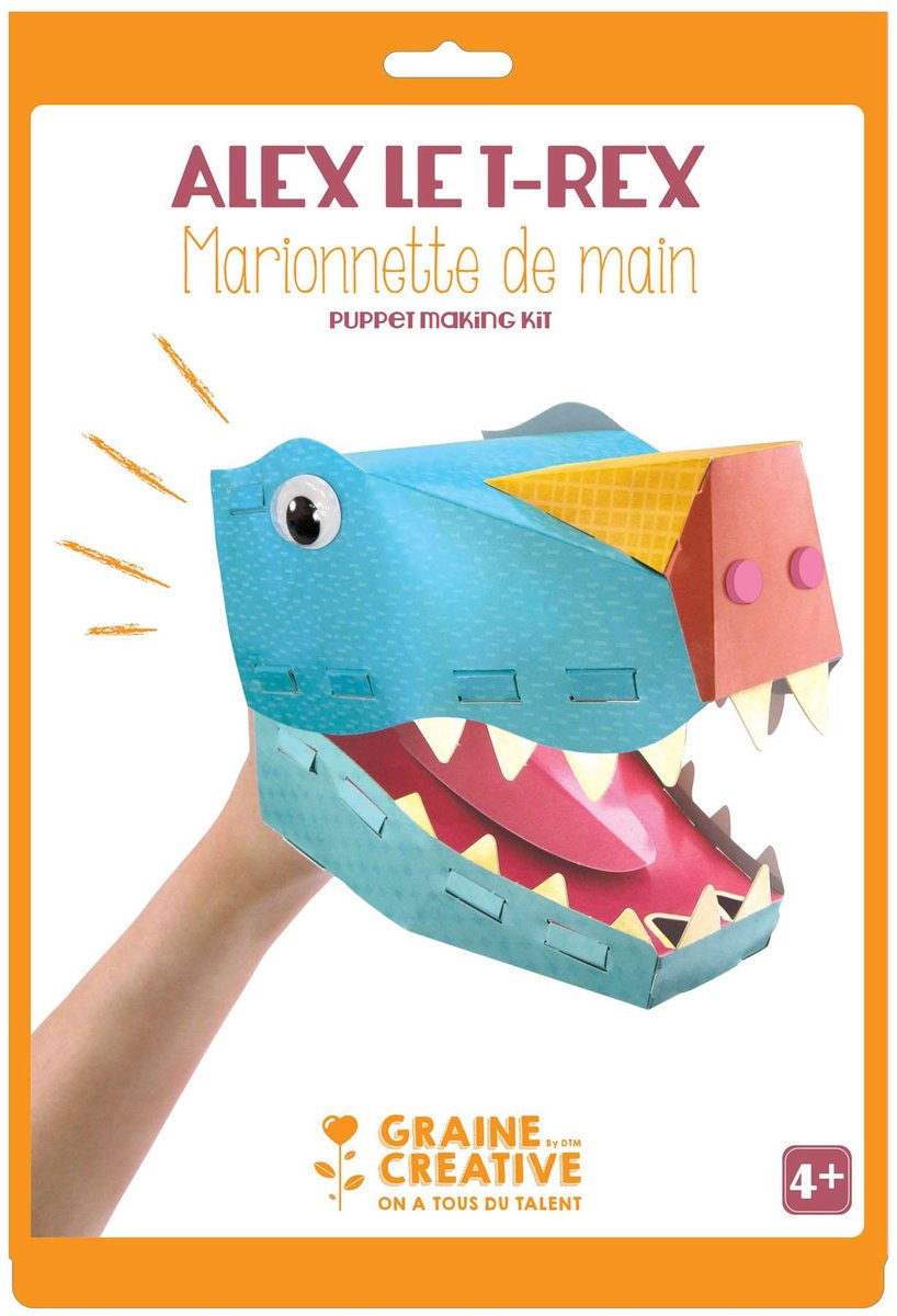GRAINES CREATIVES - Alex de T-rex kartonnen handpop 20,5 x 29 cm, creatieve kit