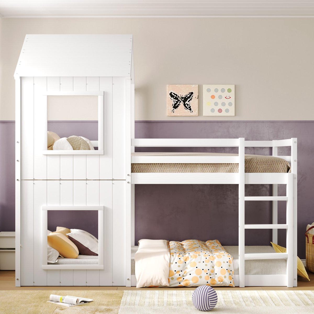 Wishdor Stapelbed 90x200 cm - Boomhutvorm met Hemel - Ladder en Veiligheidshek - Massief Grenenhout en MDF - Wit