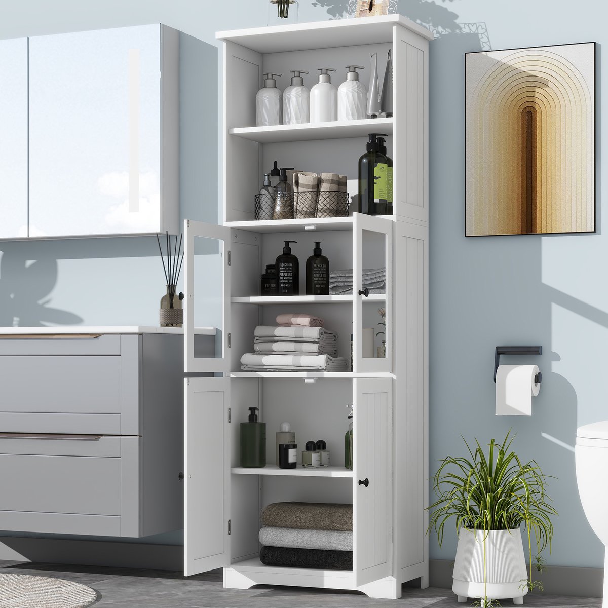 Badkamerkast - 57x28x160 cm - Hoge Kast met Glazen Deur - Verstelbare Planken - Hout - Wit