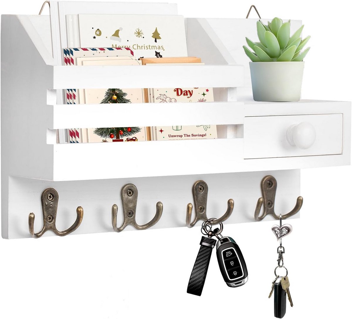 Houten sleutelhouder voor aan de muur met brievenbakje en haken