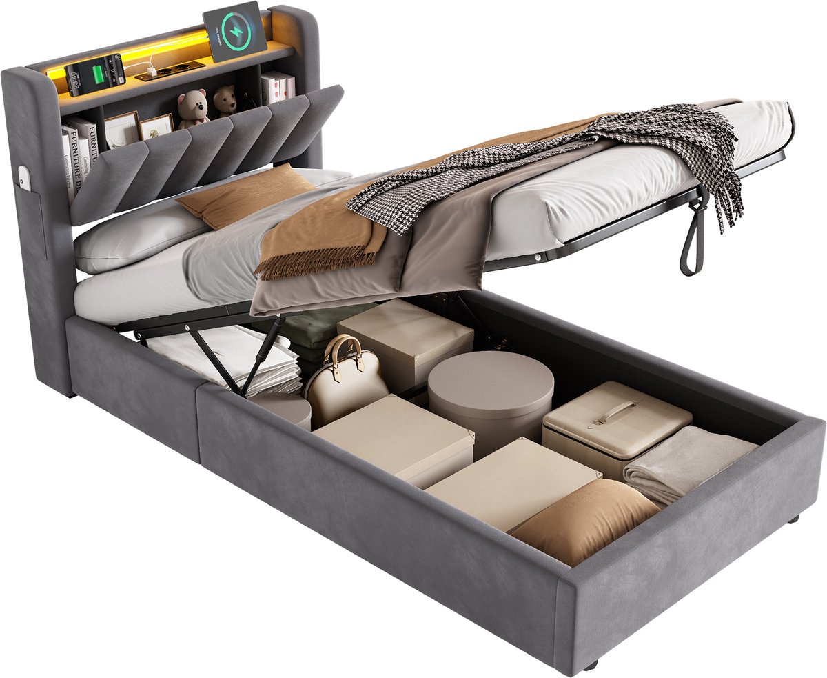 MODFU Gestoffeerd Bed 90x200 cm – 221,5x93,5x99,5 cm – Fluweel donkergrijs met LED, USB en hydraulische opbergruimte – Modern design
