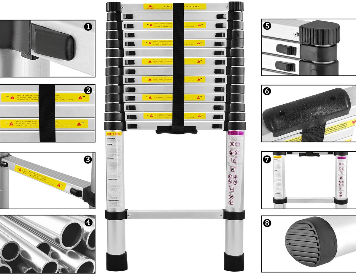 ACXIN Teleskopladder Aluminium Uitschuifbaar 94-440cm 15 Treden Draagvermogen 150kg-Zilver