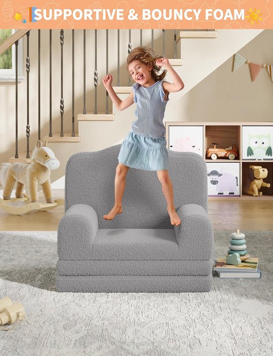 Opvouwbare 2-in-1 Kinderbank van Sherpa - Comfortabele Schuimfauteuil om te bouwen tot Lounger - Ideaal voor Kinderkamer & Speelkamer - Grijs van HOERFURIY — afbeelding 4