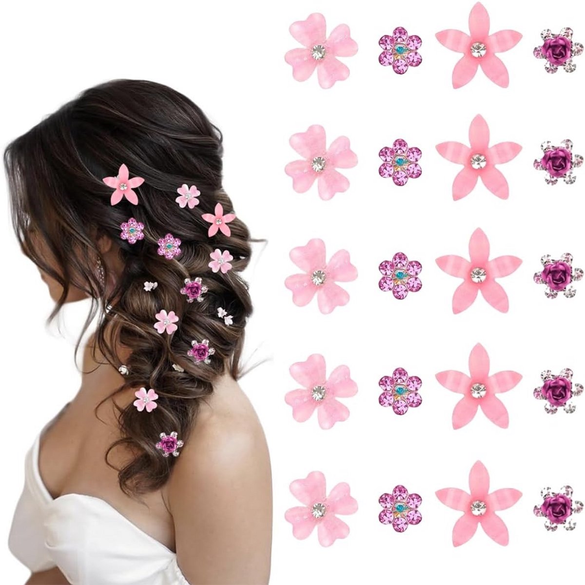 20 Roze Haarbloemen Spelden met Strass voor Bruiloft, Feest en Communie