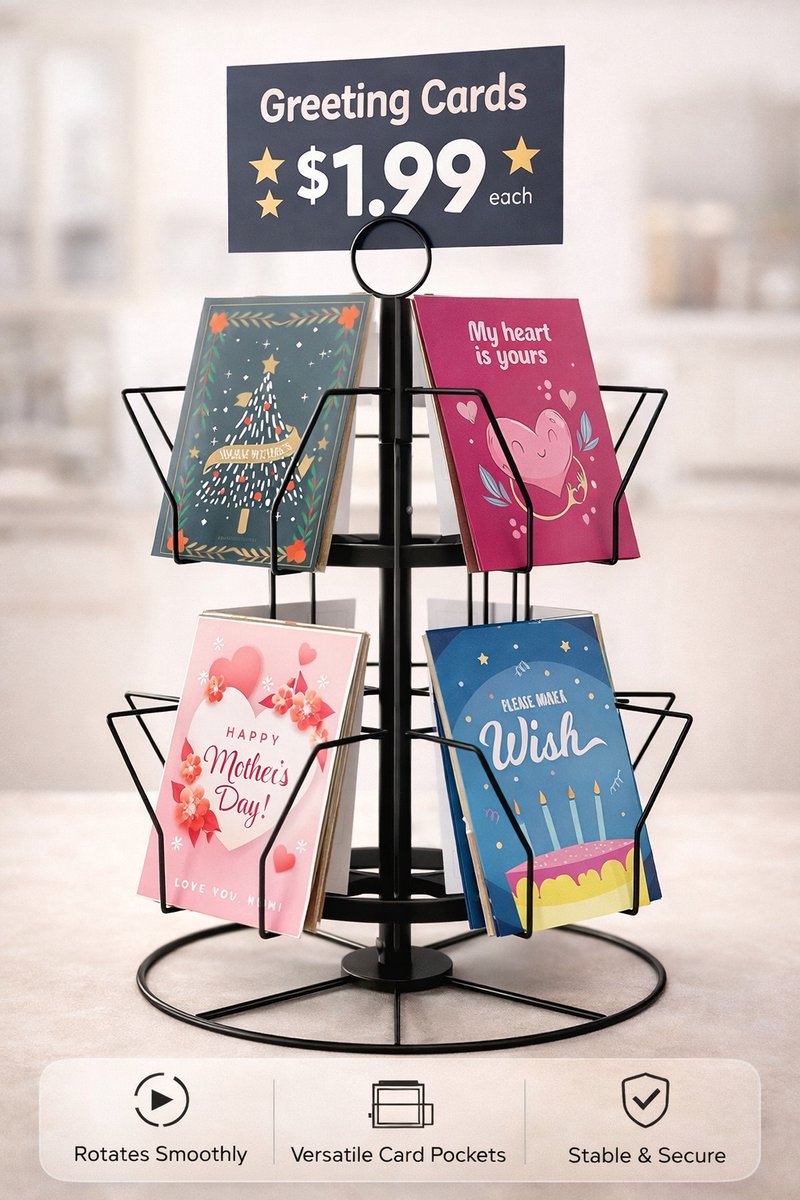 Ansichtkaartenstandaard, Postkaarthouder, Roterende wenskaartenstandaard voor ansichtkaarten, stickers, retail-cadeaubonnen voor feestdagen, zwart, 12 displayvakken