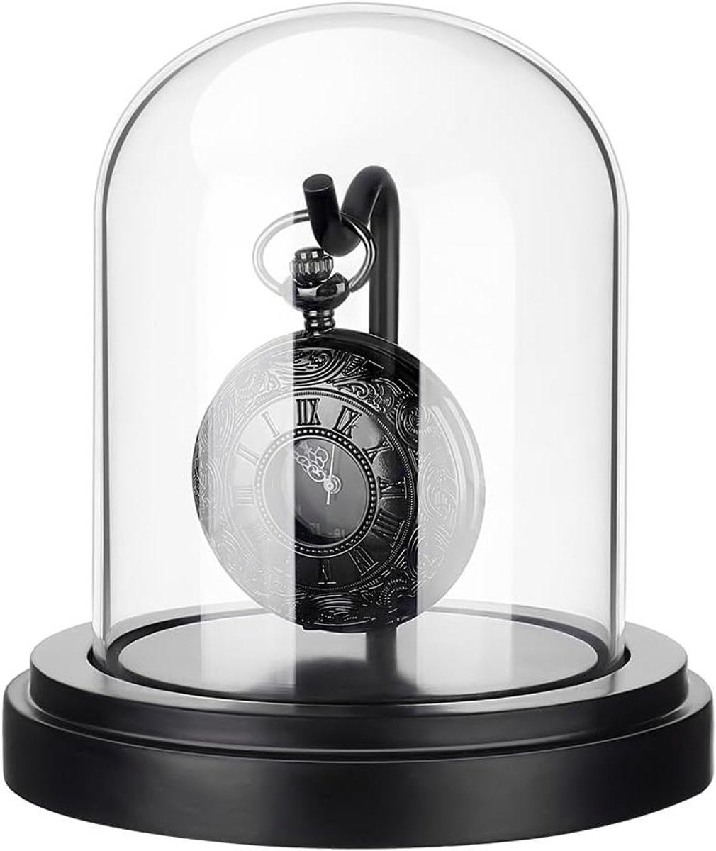 Allecto - Zakhorloge Display Case - Horloge Glazen - Zwarte Dome Cloche - Houten Basis - Metalen Haak - Zakhorloge - Medailles Collectibles Foto