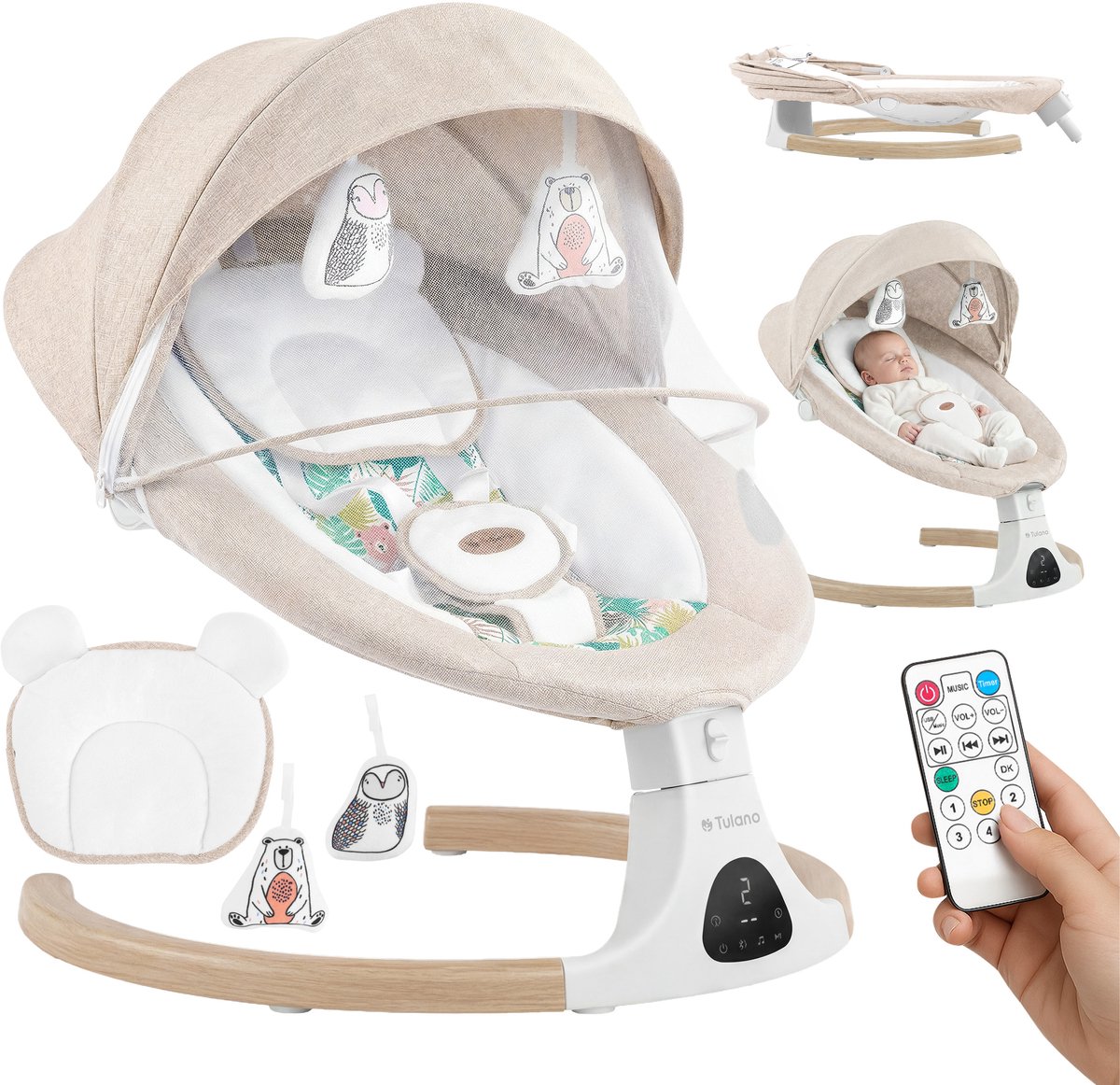 Tulano Astrid 35 Elektrische Babywipstoel - Met Bluetooth, Timer & Bewegingssensor - Inclusief Klamboe - Beige