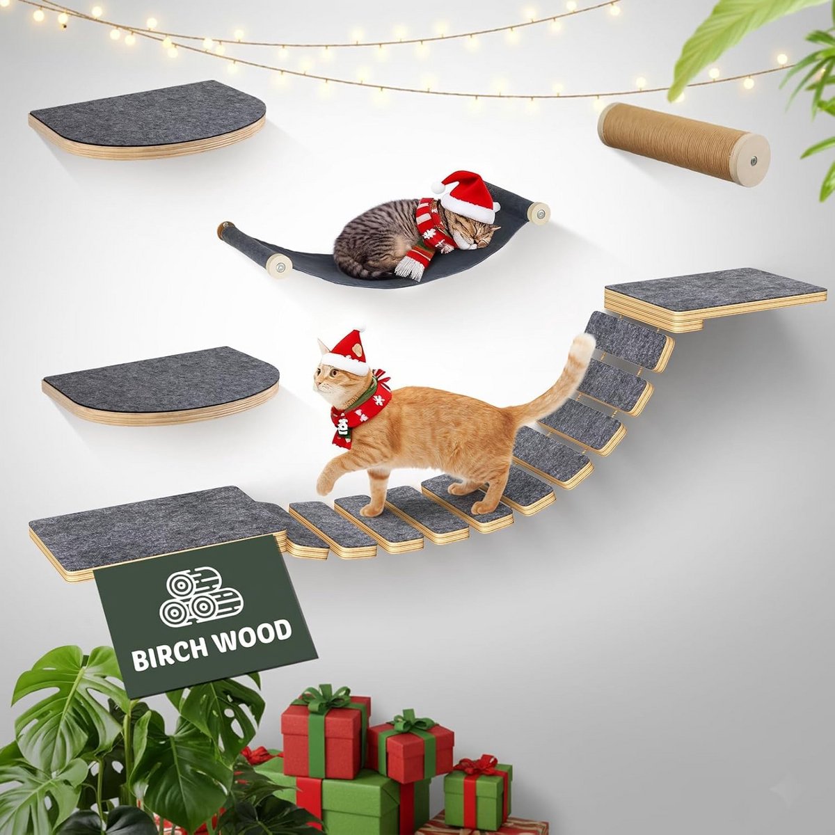 5-delige Klimwandset voor Katten van Berkenhout met Loopbrug en Kattenbed