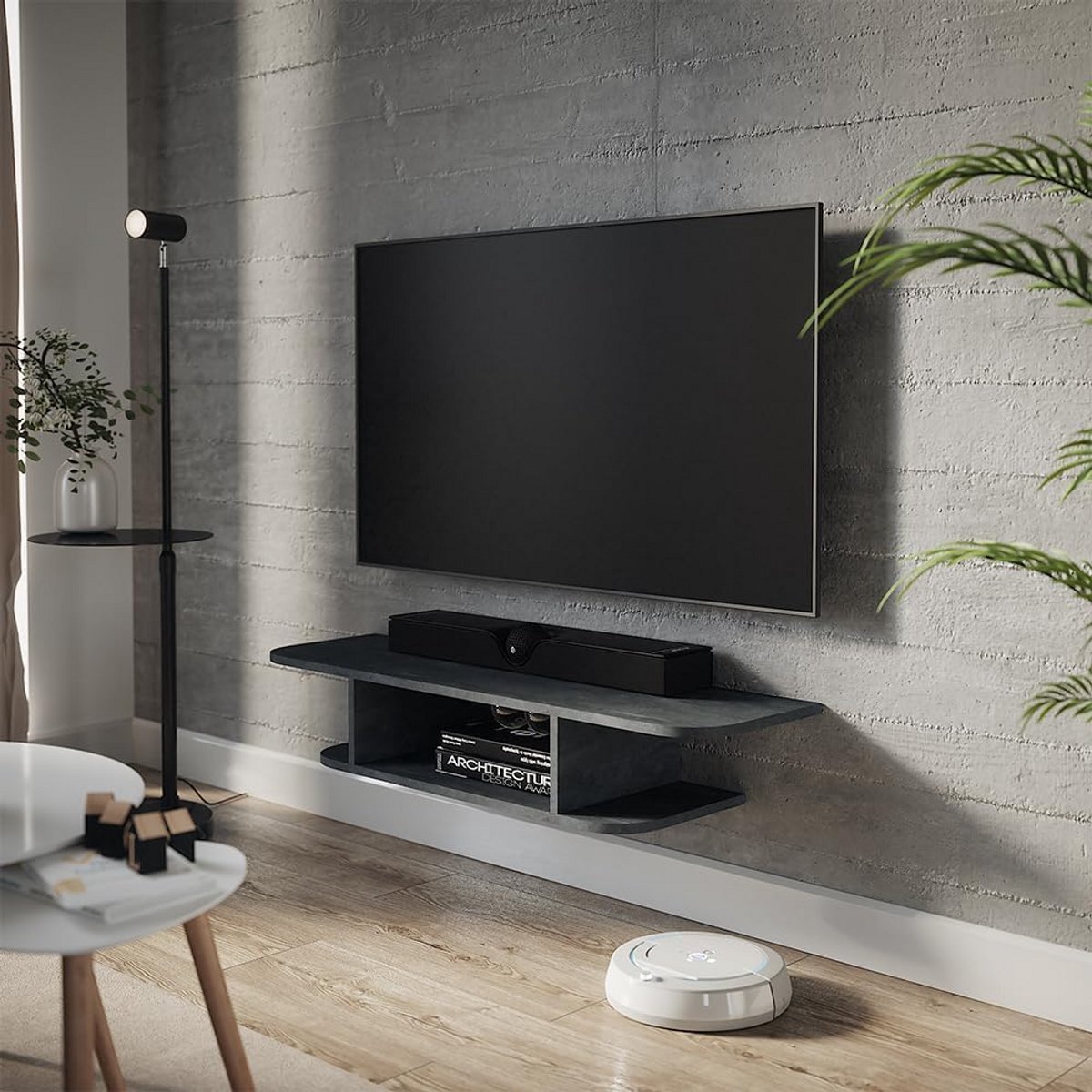 Zwevend TV Meubel Zwart Betonlook met Open Vakken 105 cm Breed