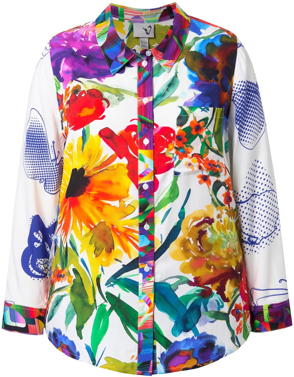 Ulla Popken - Dames - Overhemdblouse patroonmix overhemdkraag lange mouwen - Sneeuwwit - Maat 58+