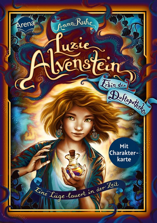 Boekomslag van 'Luzie Alvenstein – Erbin der Duftapotheke'. Een meisje met blond haar houdt een flesje vast. Titel: Luzie Alvenstein – Erbin der Duftapotheke. Eine Lüge lauert in der Zeit.