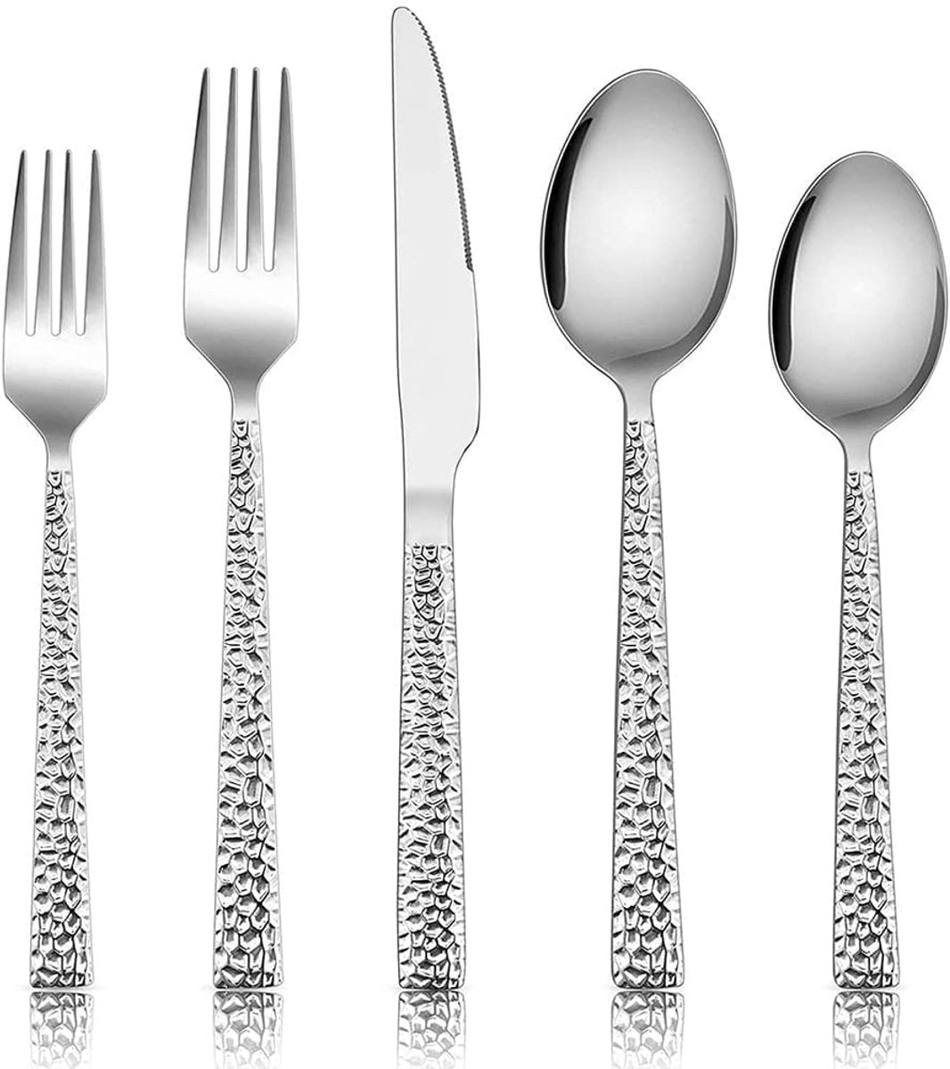 5-delige bestekset van gehamerd zilver, vierkante bestekset van roestvrij staal